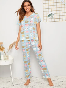 Cartoon Print PJ Set / Pajama Set With Eye Cover - Multicolor - View 3