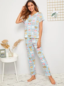 Cartoon Print PJ Set / Pajama Set With Eye Cover - Multicolor - View 1