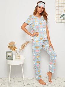 Cartoon Print PJ Set / Pajama Set With Eye Cover - Multicolor - View 4