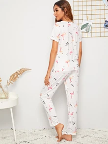 Flamingo Print PJ Set / Pajama Set With Eye Cover White Set Bridallingerie - White - View 2
