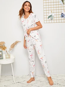 Flamingo Print PJ Set / Pajama Set With Eye Cover White Set Bridallingerie - White - View 3
