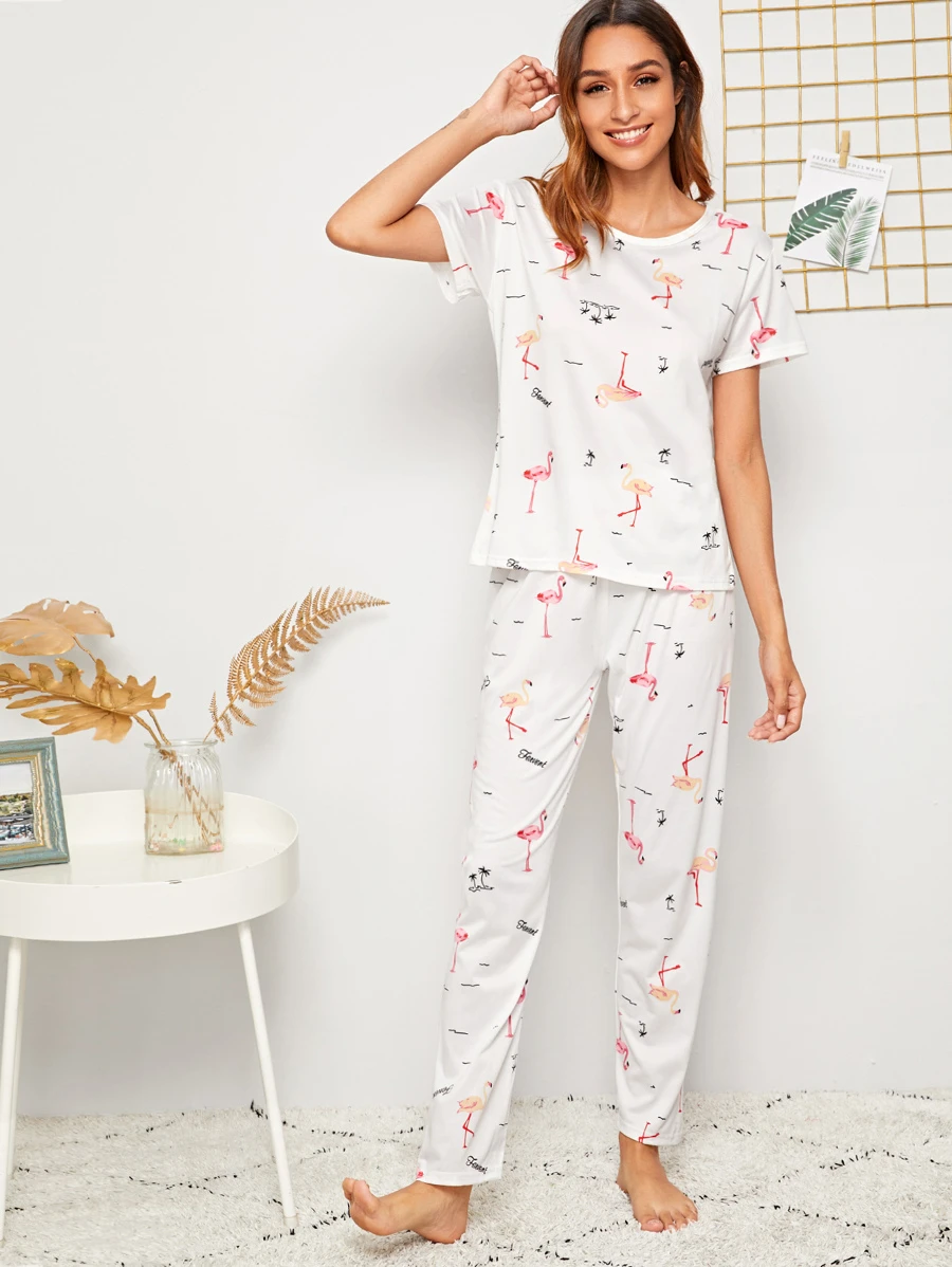 Flamingo Print PJ Set / Pajama Set With Eye Cover White Set Bridallingerie - White - View 1