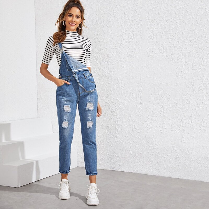 

Ripped Pocket Front Denim Overall, Blue