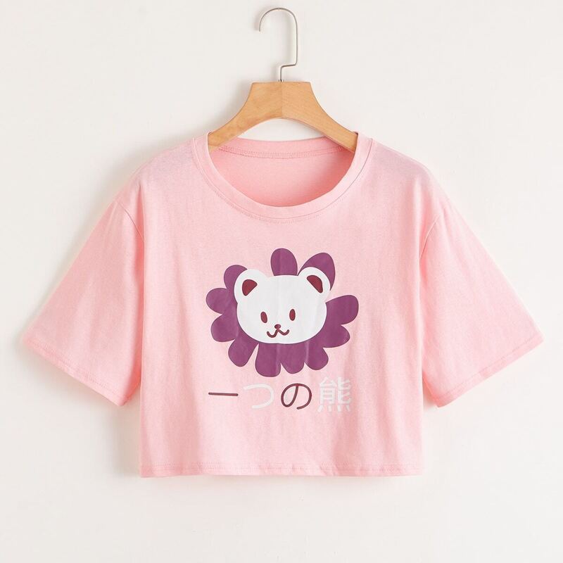 

Cartoon Print Crop Tee, Pink