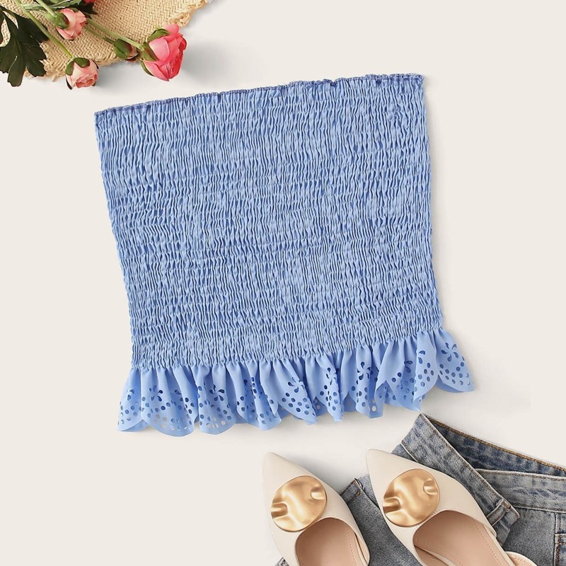 

Laser Cut Out Shirred Tube Top, Blue