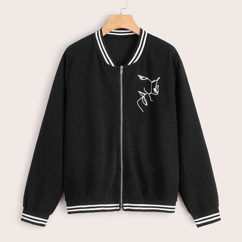 

Graphic Zip Up Striped Side Bomber Jacket, Black
