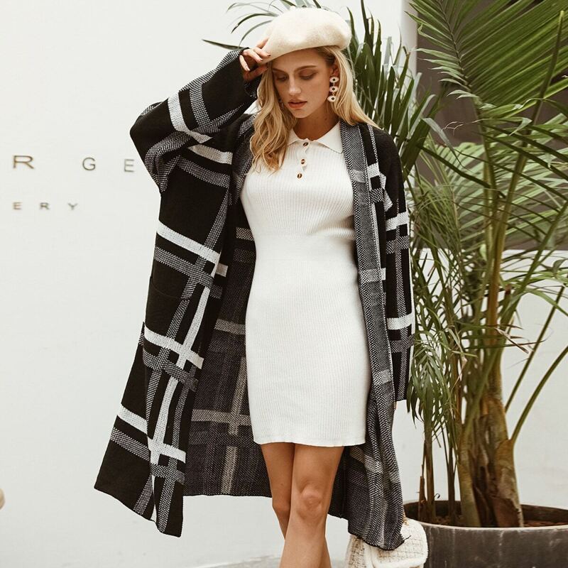

Simplee Plaid Pocket Midi Sweater Cardigan, Black and white