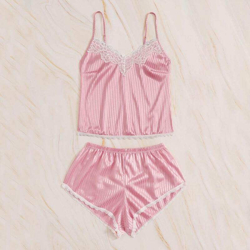 

Lace Trim Satin Cami PJ Set, Pink