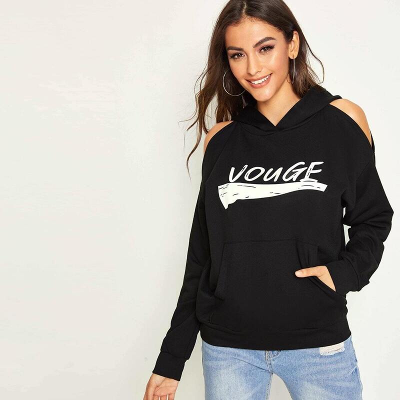 

Letter Print Cold Shoulder Hoodie, Black