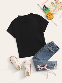 SHEIN Top Sin Mangas De Punto Acanalado De Cuello Alto Para Niñas Adolescentes - Negro - Ver 1