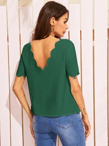 SHEIN Blus Scallop Plain Hijau Casual - Dark Green - View 2