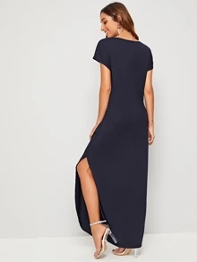 SHEIN LUNE Đầm Nút phía trước màu trơn Hải quân Casual - Màu xanh hải quân - Xem 2