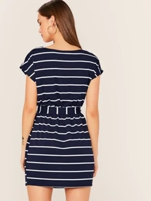 SHEIN LUNE Batwing Sleeve Self Belted Striped Dress - Navy Blue - View 2