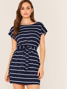 SHEIN LUNE Batwing Sleeve Self Belted Striped Dress - Navy Blue - View 1