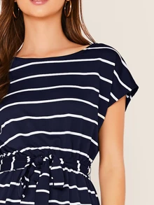 SHEIN LUNE Batwing Sleeve Self Belted Striped Dress - Navy Blue - View 4