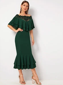 Modelyn Bardot Ruffle Layered Trim Embroidered Mesh Insert Dress - Dark Green - View 3