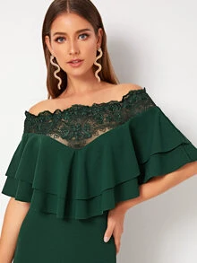 Modelyn Bardot Ruffle Layered Trim Embroidered Mesh Insert Dress - Dark Green - View 5