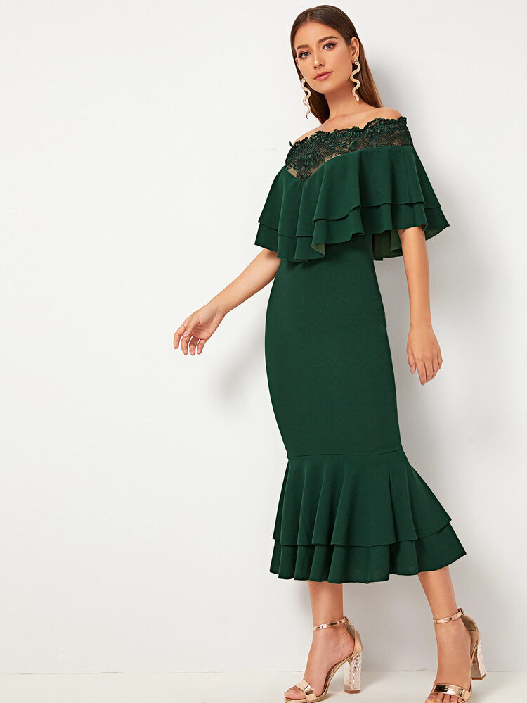 Modelyn Bardot Ruffle Layered Trim Embroidered Mesh Insert Dress - Dark Green - View 4