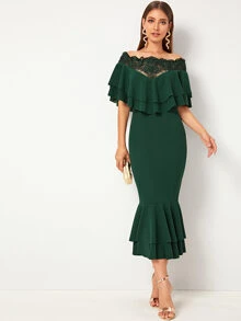 Modelyn Bardot Ruffle Layered Trim Embroidered Mesh Insert Dress - Dark Green - View 1