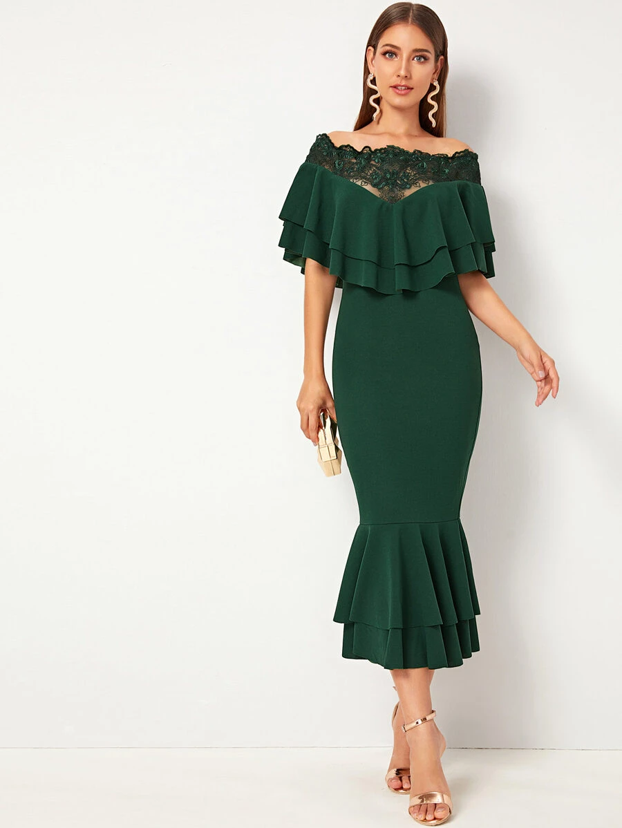 Modelyn Bardot Ruffle Layered Trim Embroidered Mesh Insert Dress - Dark Green - View 1