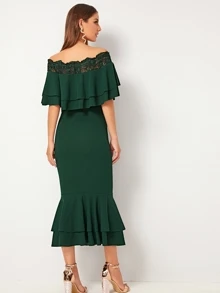 Modelyn Bardot Ruffle Layered Trim Embroidered Mesh Insert Dress - Dark Green - View 2