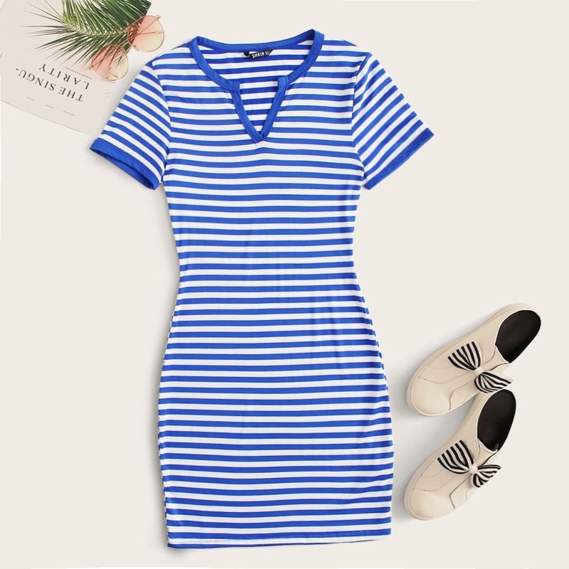 

Notch Neck Striped Dress, Blue