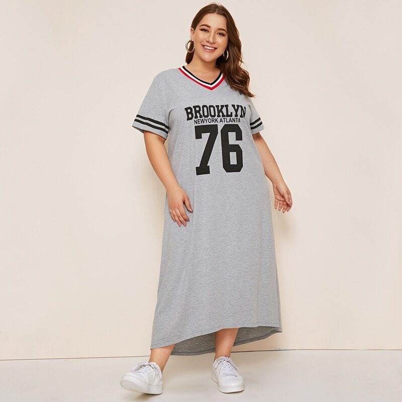 

Plus Letter & Number Print Dress, Grey