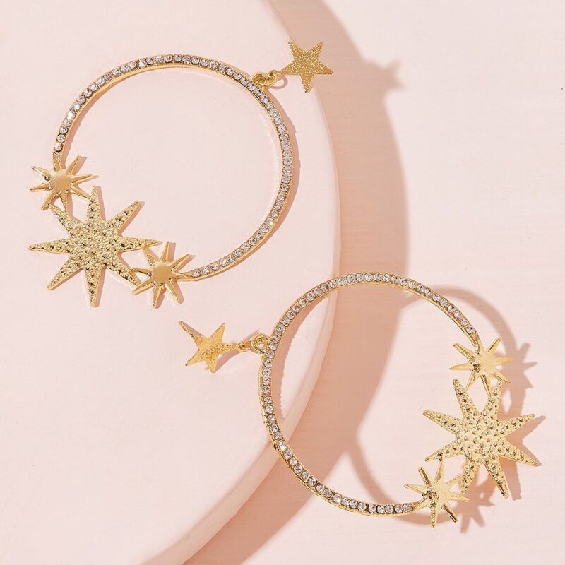 

Star Decor Rhinestone Engraved Hoop Earrings 1pair, Gold