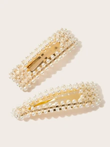 Faux Pearl Design Hair Snap Clip 2pcs - Beige - View 2