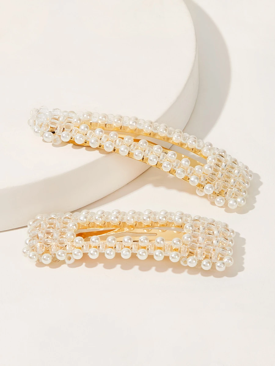 Faux Pearl Design Hair Snap Clip 2pcs - Beige - View 1