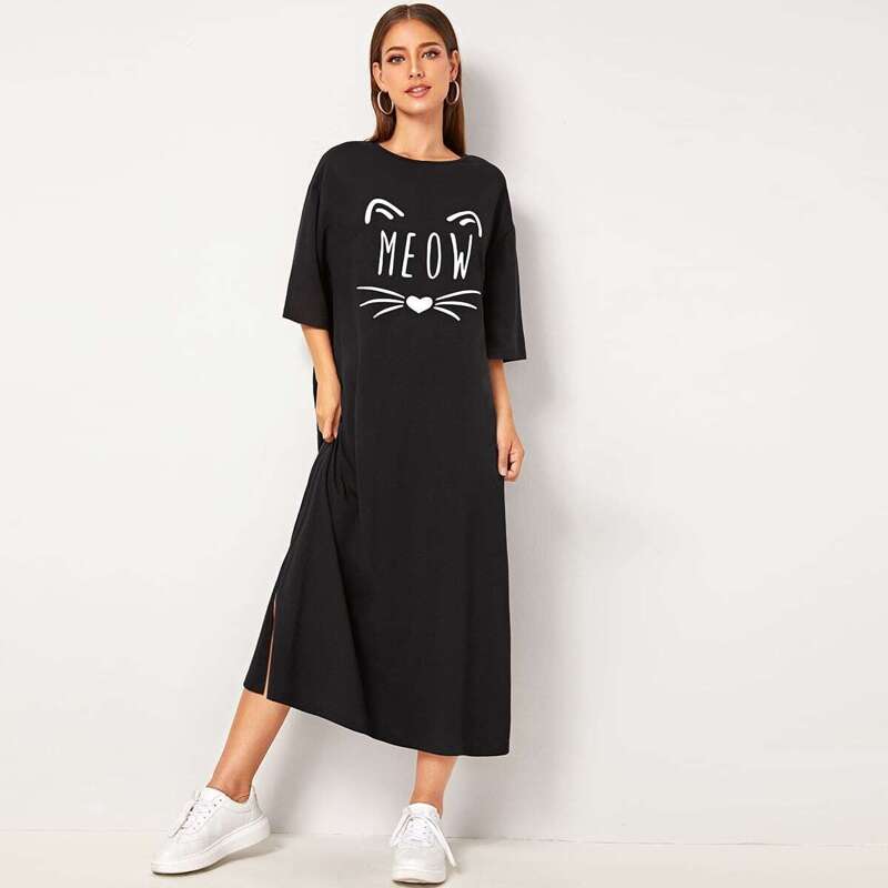 

Drop Shoulder Graphic Print Split Side Tee Night Dress, Black