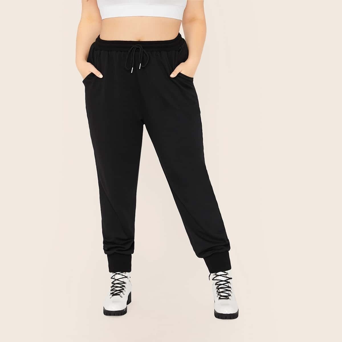 

Plus Drawstring Waist Slant Pocket Sweatpants, Black