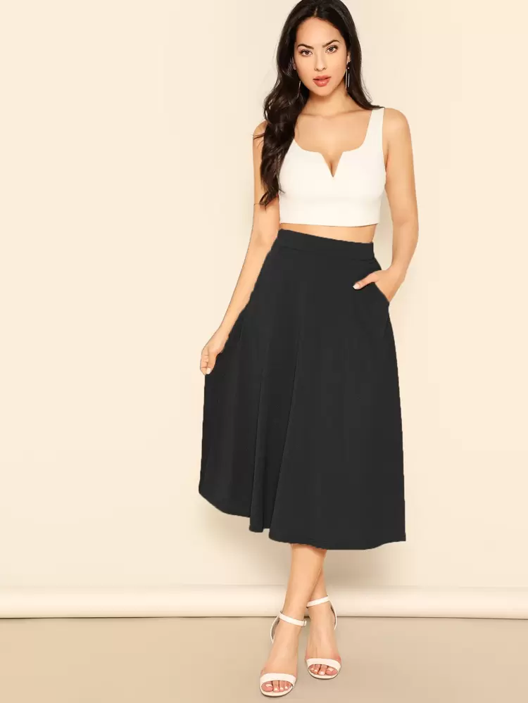 Solid Slant Pocket Swing Skirt