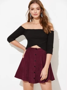 SHEIN EZwear Button Front Cord Skirt - Burgundy - View 4