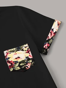 SHEIN Pocket Patched Floral Cuff Top - Black - View 4