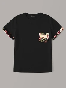 SHEIN Pocket Patched Floral Cuff Top - Black - View 3