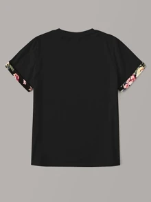 SHEIN Pocket Patched Floral Cuff Top - Black - View 2