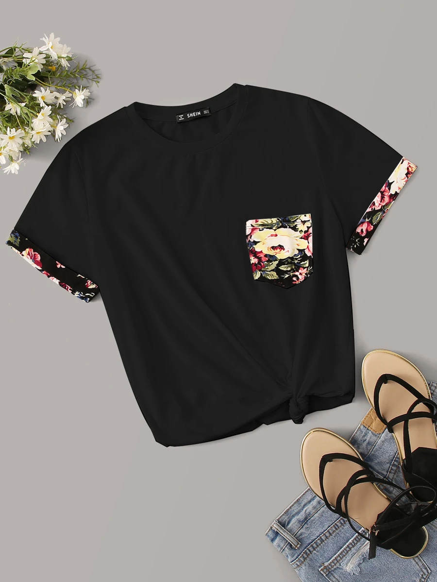 SHEIN Pocket Patched Floral Cuff Top - Black - View 1