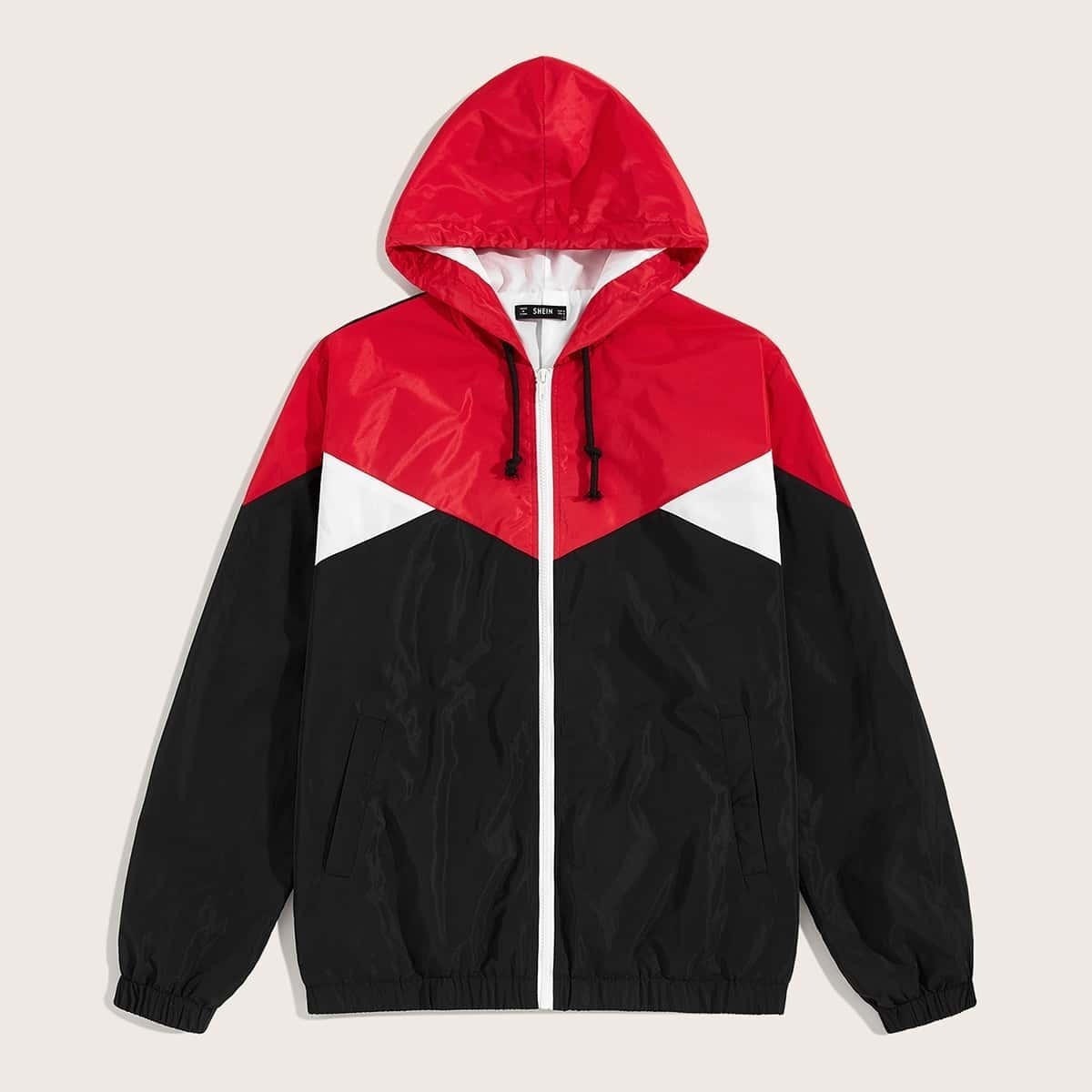 

Guys Pocket Side Cut-and-sew Drawstring Hooded Windbreaker Jacket, Black