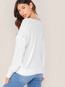 SHEIN Solid Drop Shoulder Knit Top - White - View 2