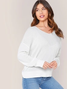 SHEIN Solid Drop Shoulder Knit Top - White - View 3