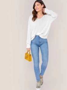 SHEIN Solid Drop Shoulder Knit Top - White - View 5