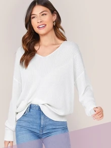 SHEIN Solid Drop Shoulder Knit Top - White - View 1