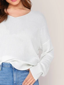 SHEIN Solid Drop Shoulder Knit Top - White - View 4