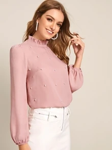 SHEIN Clasi Top con perla de cuello fruncido