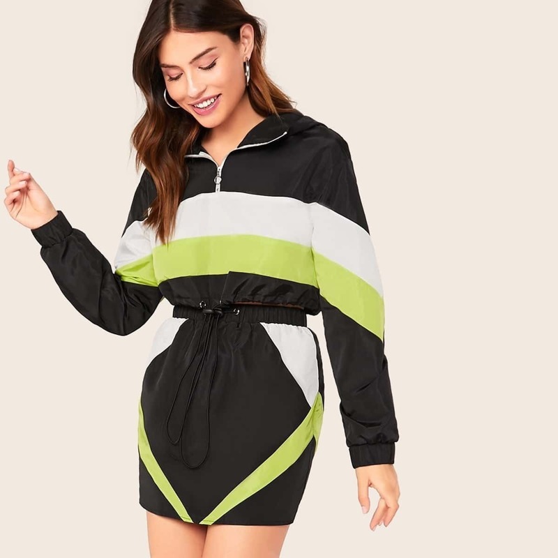 

Zipper Front Cut-and-sew Crop Hoodie & Bodycon Skirt Set, Multicolor