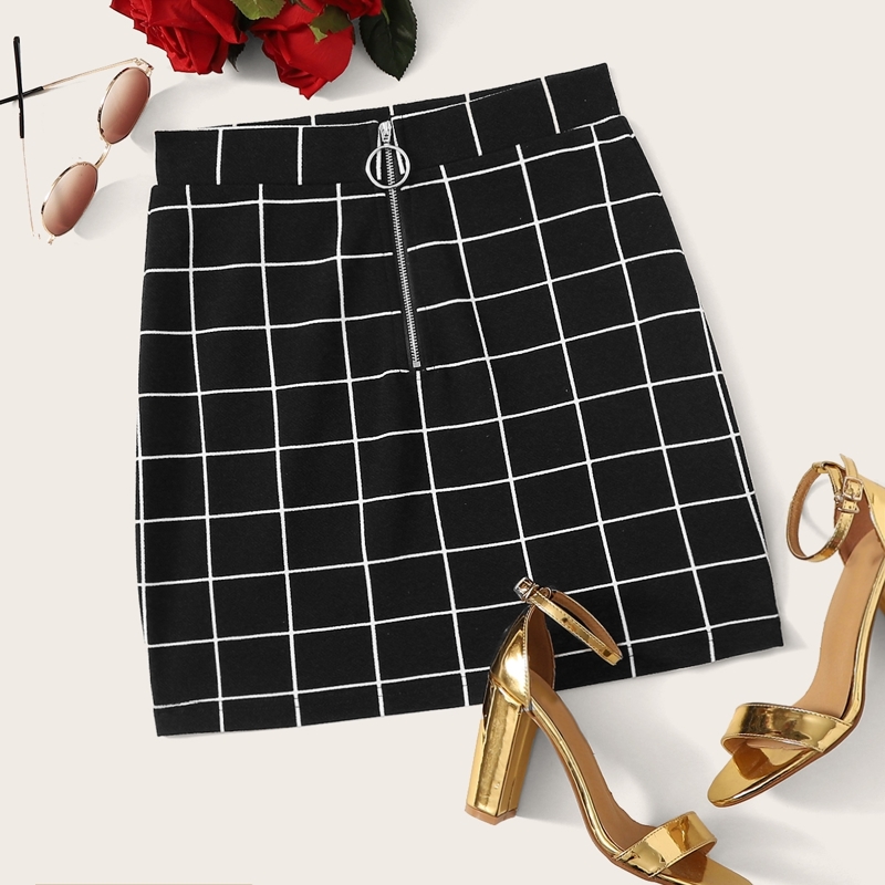 

O-ring Zip Front Grid Skirt, Black