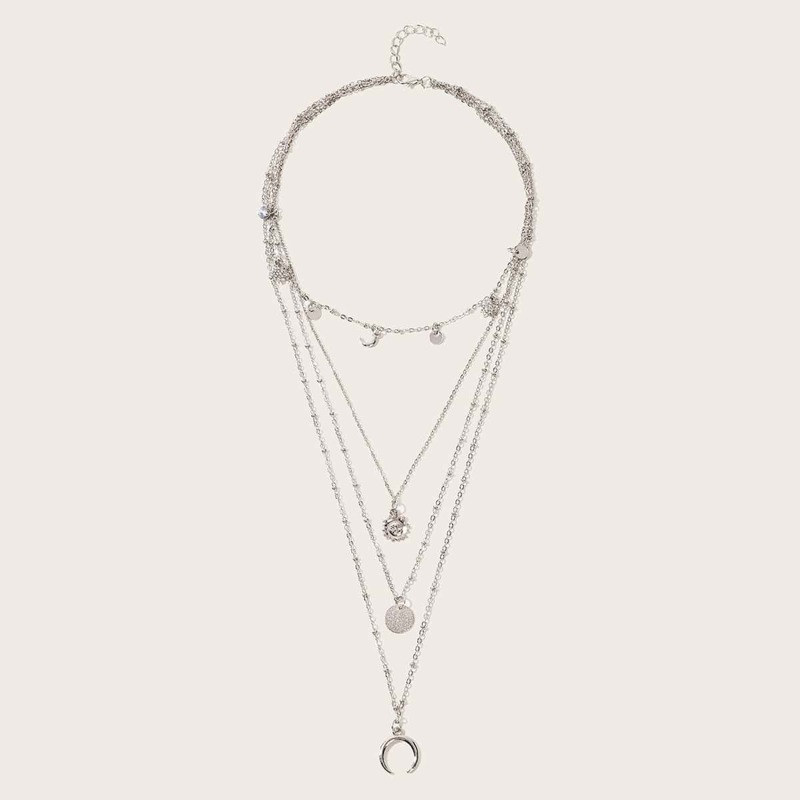 

Sun & Moon Decor Multi Layered Chain Necklace, Silver