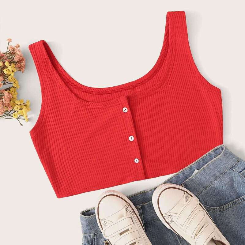 

Button Front Ribbed Detail Crop Top, Red