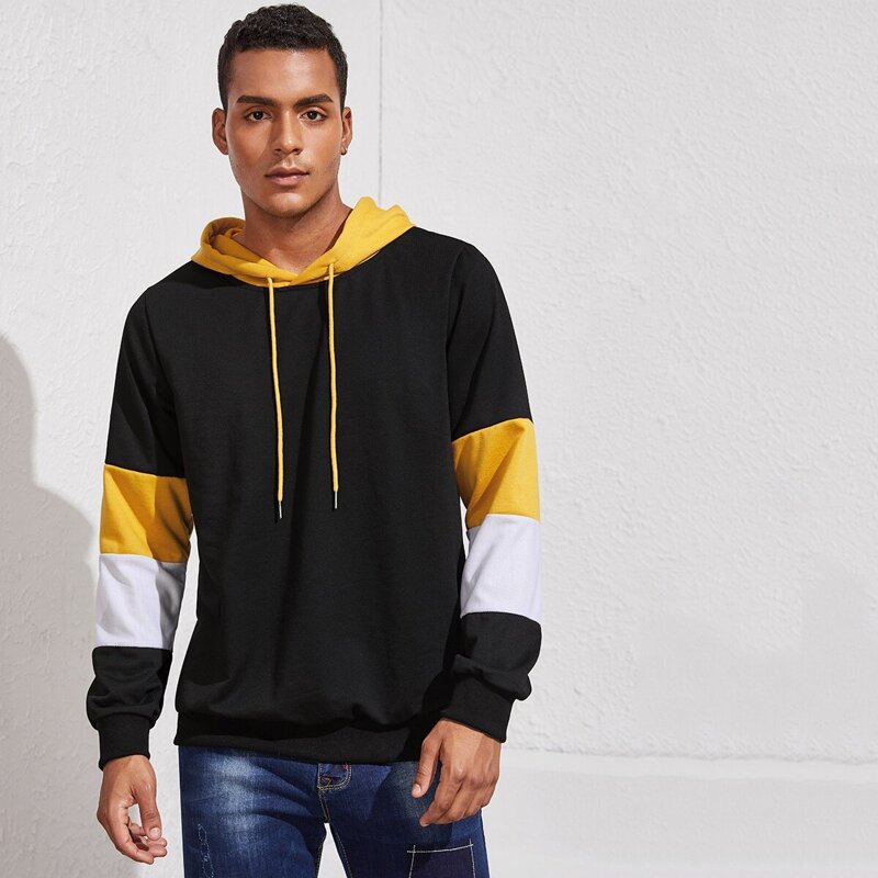 

Guys Contrast Panel Drawstring Hooded Sweatshirt, Black